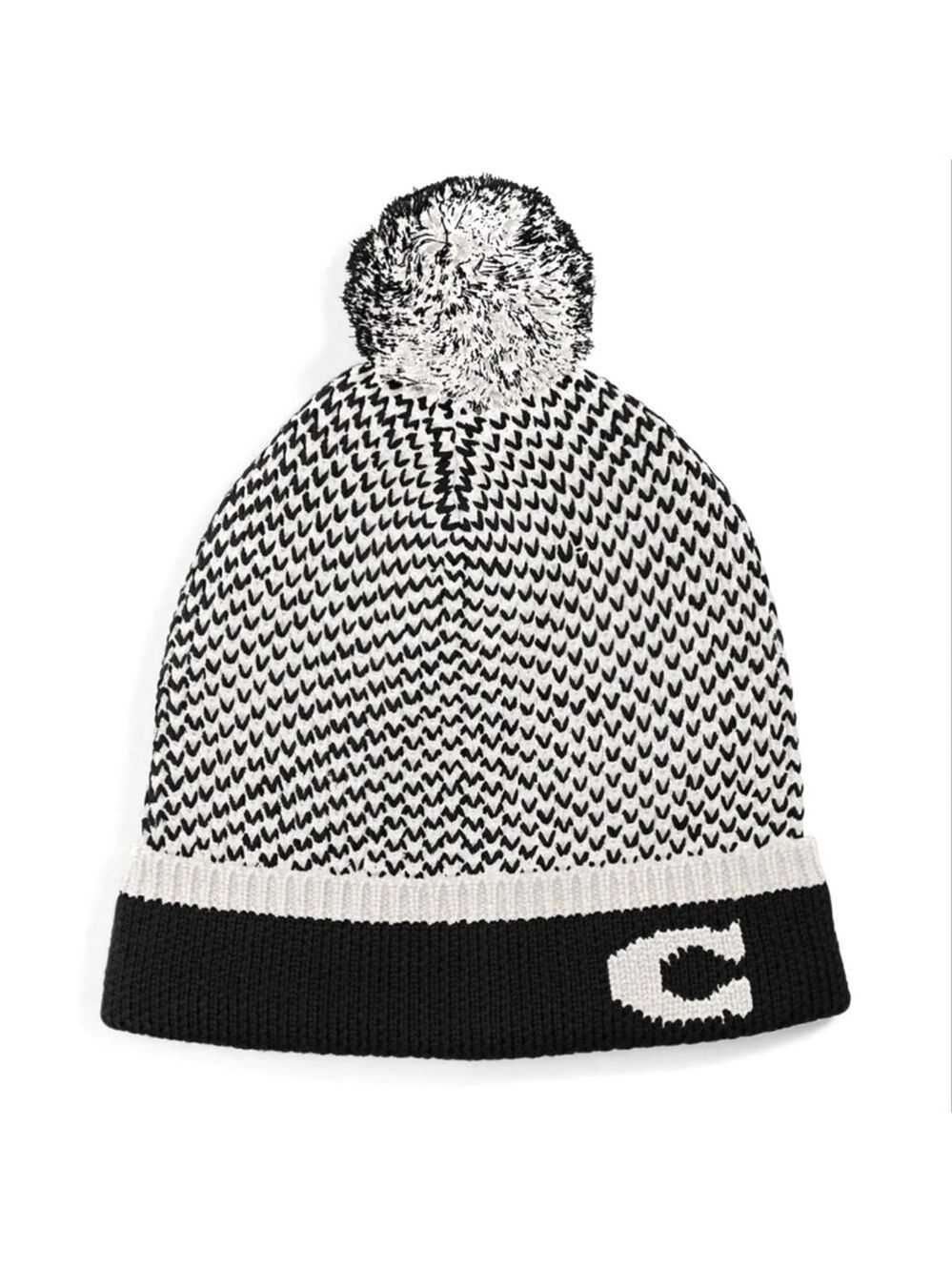 COACH COLOR BLOCK KNIT HAT WITH POM POM, BLACK & WHITE